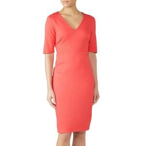 Trina Turk Ashton Sheath Dress Coral V-Neck‎ Short Sleeve Ponte Pencil Sz 8